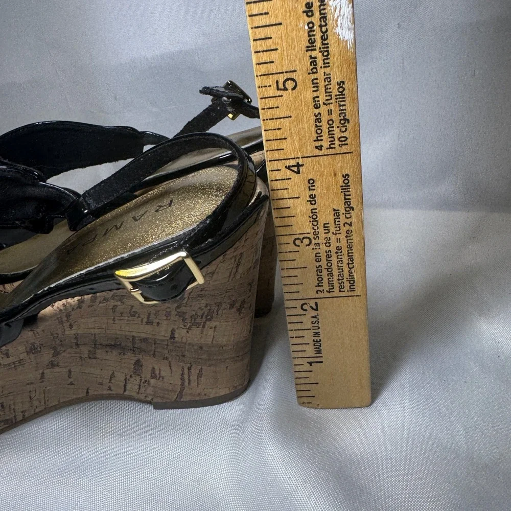 Rampage Briton Women's Black Patent Gold Chain‎ Cork Wedge Sandals Size 8.5 M